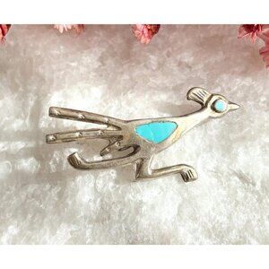 Navajo Road Runner Sterling Silver Turquoise Southwest Vintage Brooch